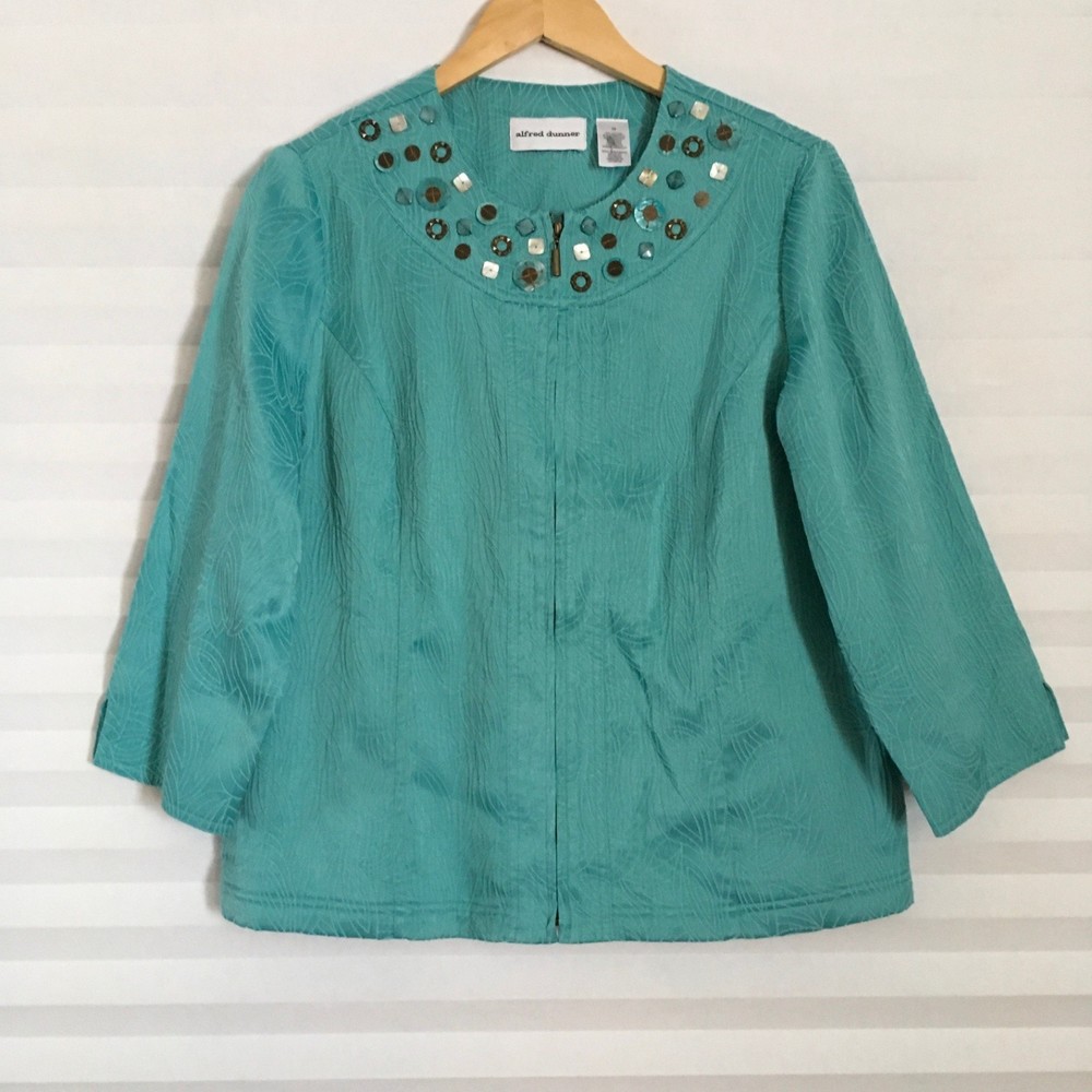 Alfred Dunner Women's Jacket Cardigan Top Size 12 Embellished Front Zip Textured